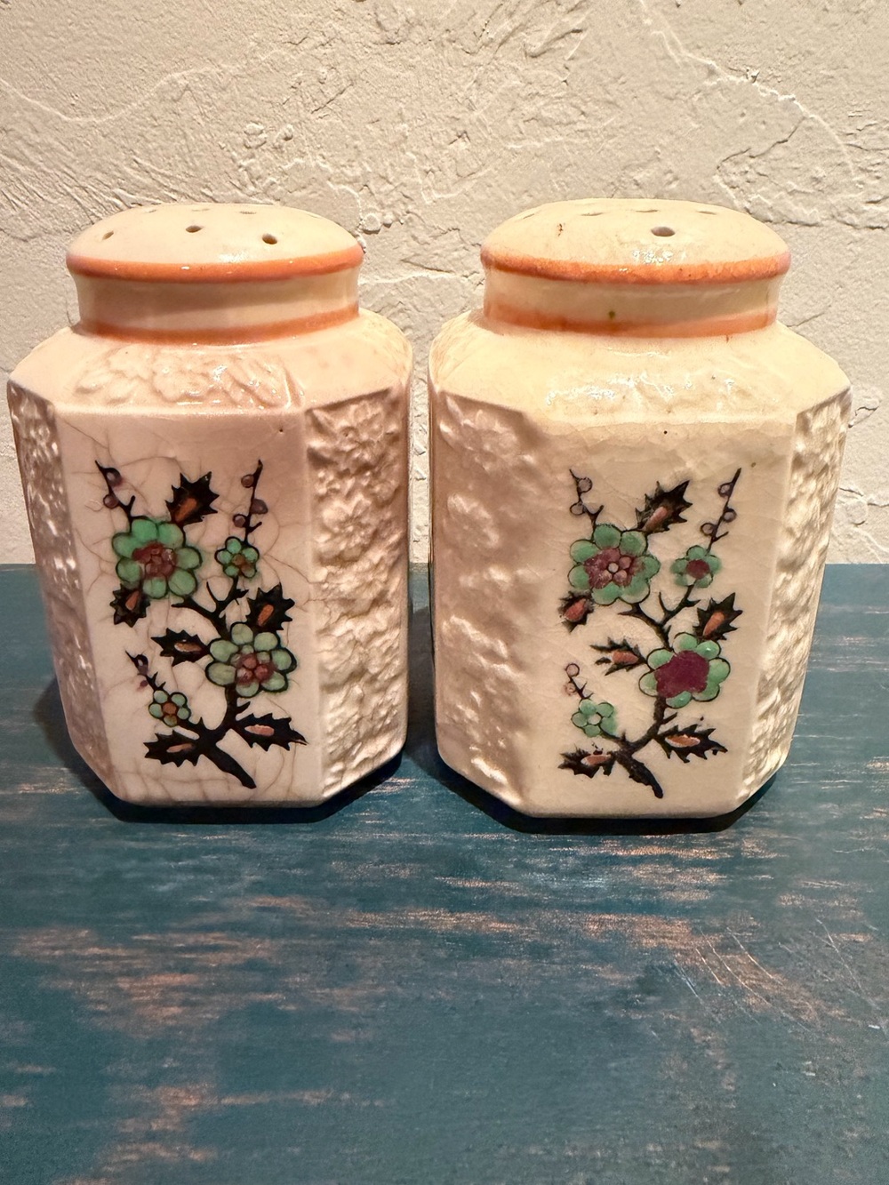Vintage Hand-Painted Japan Ceramic Salt & Pepper Shakers Green Floral Octagon